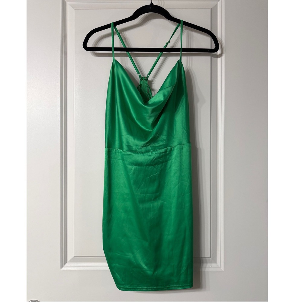 Windsor Green Satin Cowl Neck Mini Dress Strappy Back Emerald Party Clubwear L